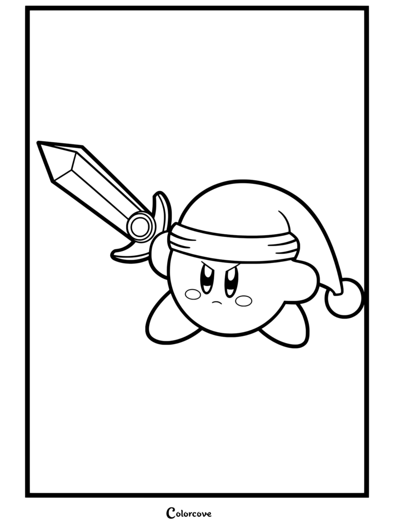 Dibujo para colorear de Kirby con la Habilidad Espada, llevando su gorro de túnica verde y alzando la espada con una expresión decidida.