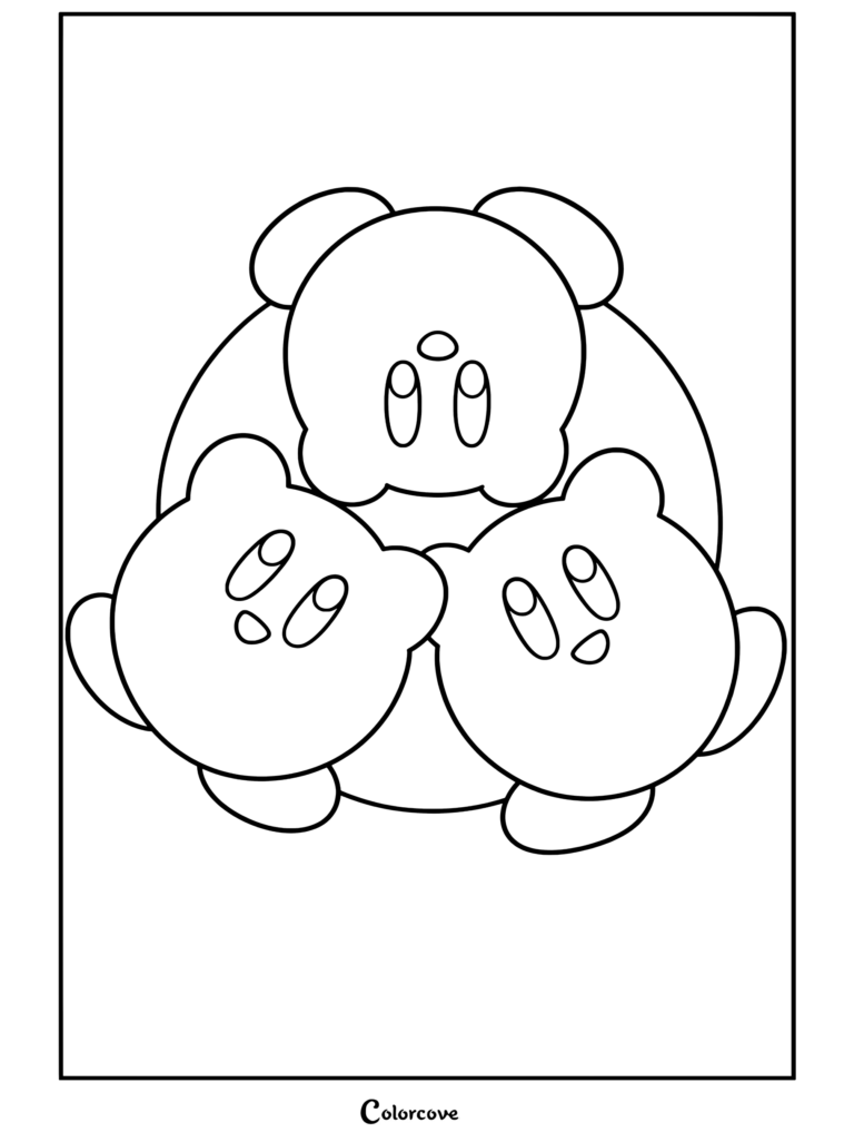 Dibujo para colorear de tres coloridos personajes de Kirby en azul, amarillo y rosa reunidos sobre una parcela de hierba verde.