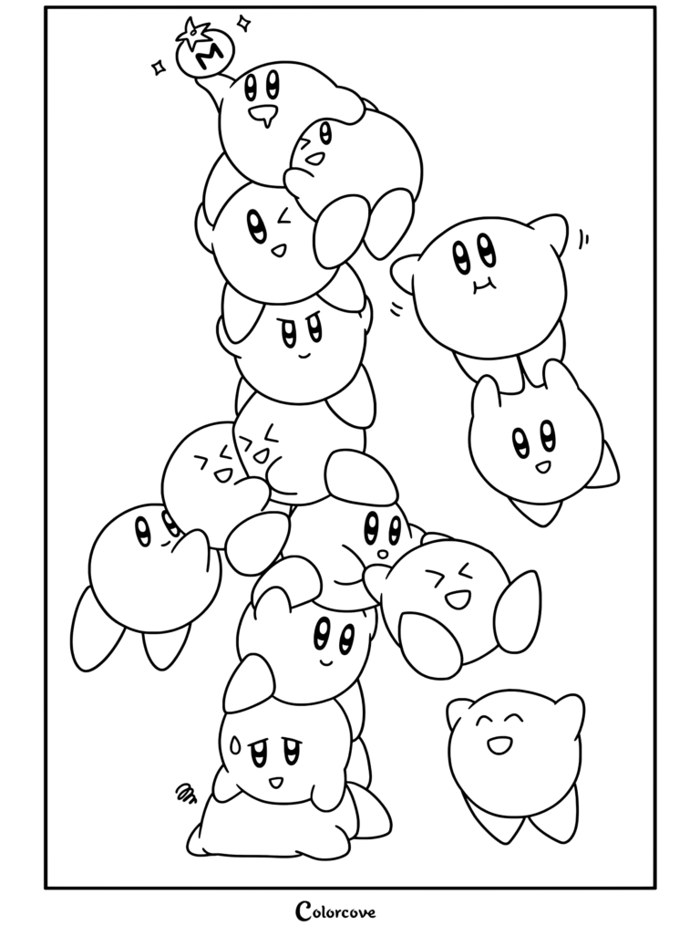 Dibujo para colorear de Kirby con una torre de varios Kirbys apilados verticalmente con un Maxitomate en la cima.