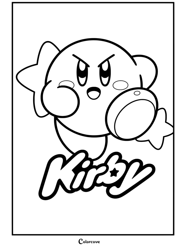 Dibujo para colorear de Kirby con expresión enfadada lanzando un puñetazo, con fondo de estrellas y logotipo