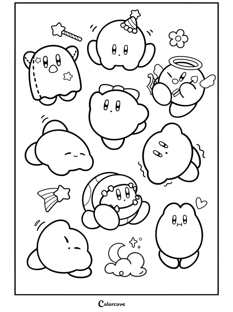 Dibujo para colorear con pegatinas de adorables personajes de Kirby con distintas expresiones y poses: disfraz de Halloween, ángel, dormido y enfadado.