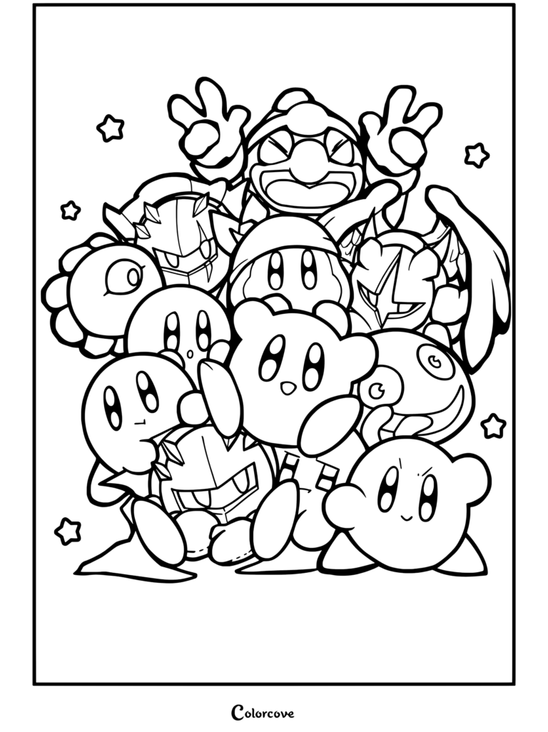 Dibujo para colorear con una pila de personajes de Kirby que incluye al Rey Dedede, Meta Knight, Waddle Dee, Gooey y Galacta Knight.