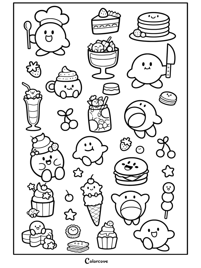 Dibujo para colorear de Kirby con adorables ilustraciones de comida, dulces, pastel, helado sundae, macaron, hamburguesa y pegatinas de expresiones