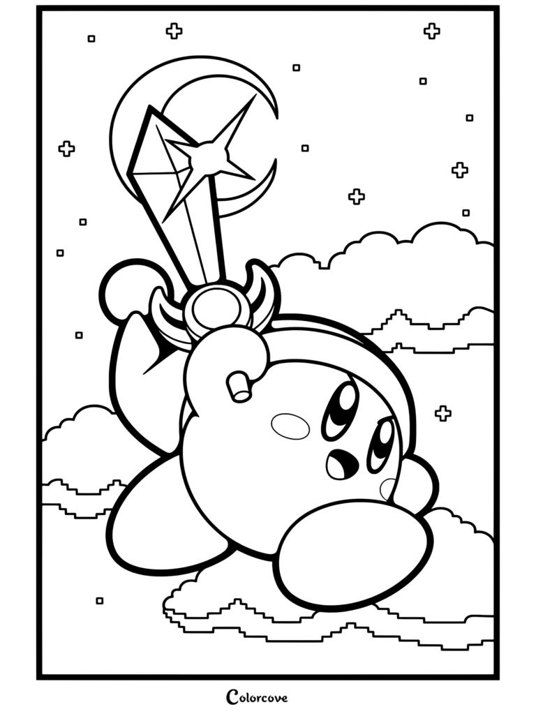 Dibujo para colorear de Kirby vestido de Link sosteniendo la Espada Maestra y volando contra un cielo pixelado a la luz de la luna.