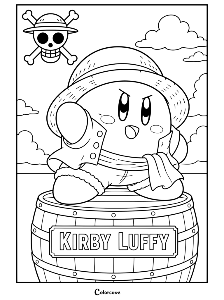 Dibujo para colorear de Kirby vestido como Monkey D. Luffy, con sombrero de paja, chaleco rojo y pantalones cortos azules sobre una cubierta de madera con una bandera pirata y el océano de fondo.