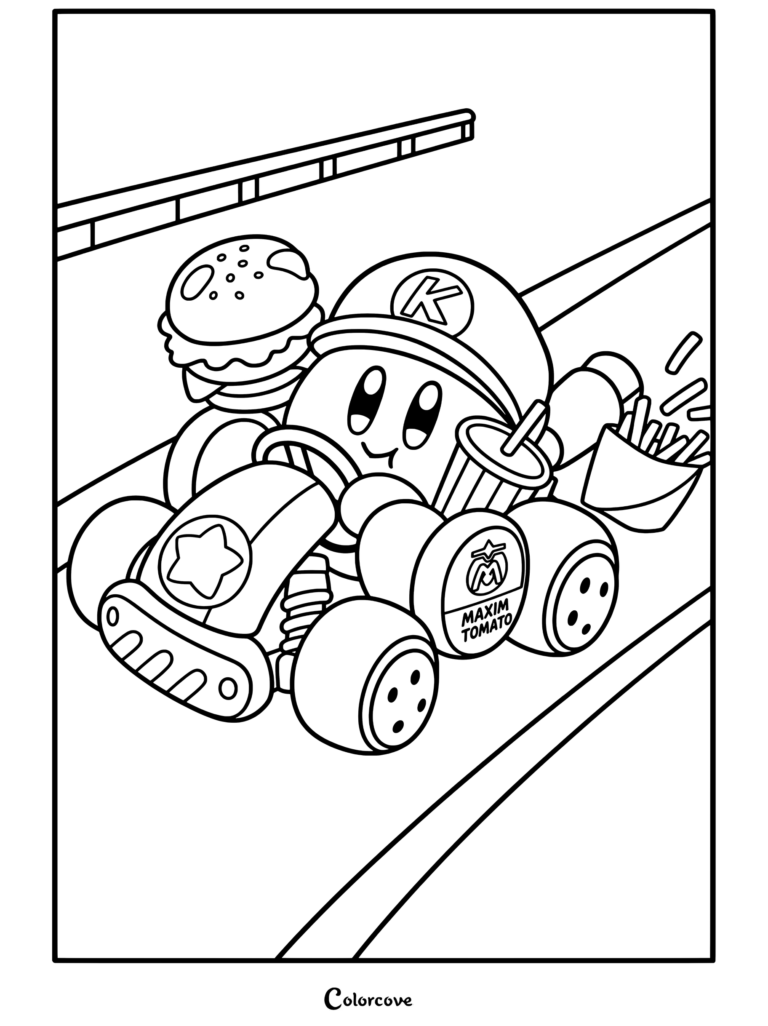 Dibujo para colorear de Kirby conduciendo un kart rojo y blanco con el logo de Maxitomate, llevando una bebida y una hamburguesa con patatas fritas derramadas detrás