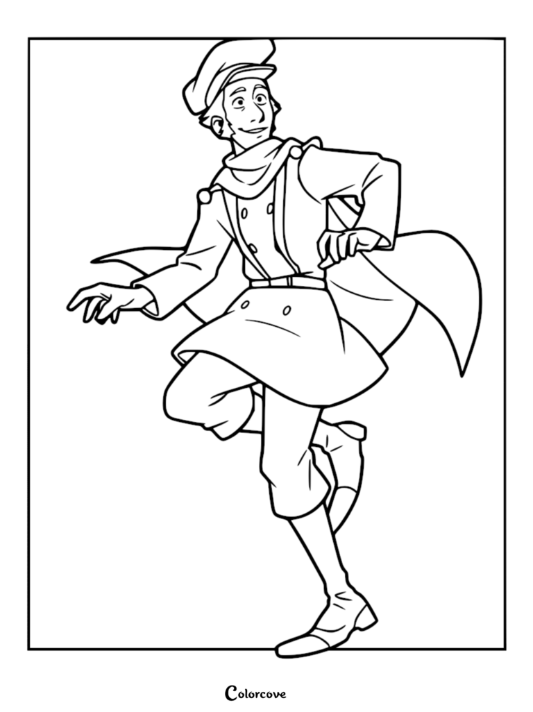 Jesper Johansen from the movie Klaus wearing his postman uniform, hat, and scarf, captured in a dynamic running pose, printable line art coloring page.