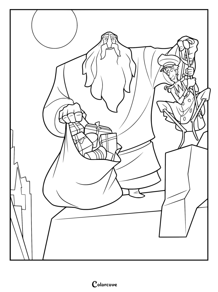 A printable coloring page featuring Klaus holding a sack of gifts while Jesper assists him on a snowy rooftop under the moon.