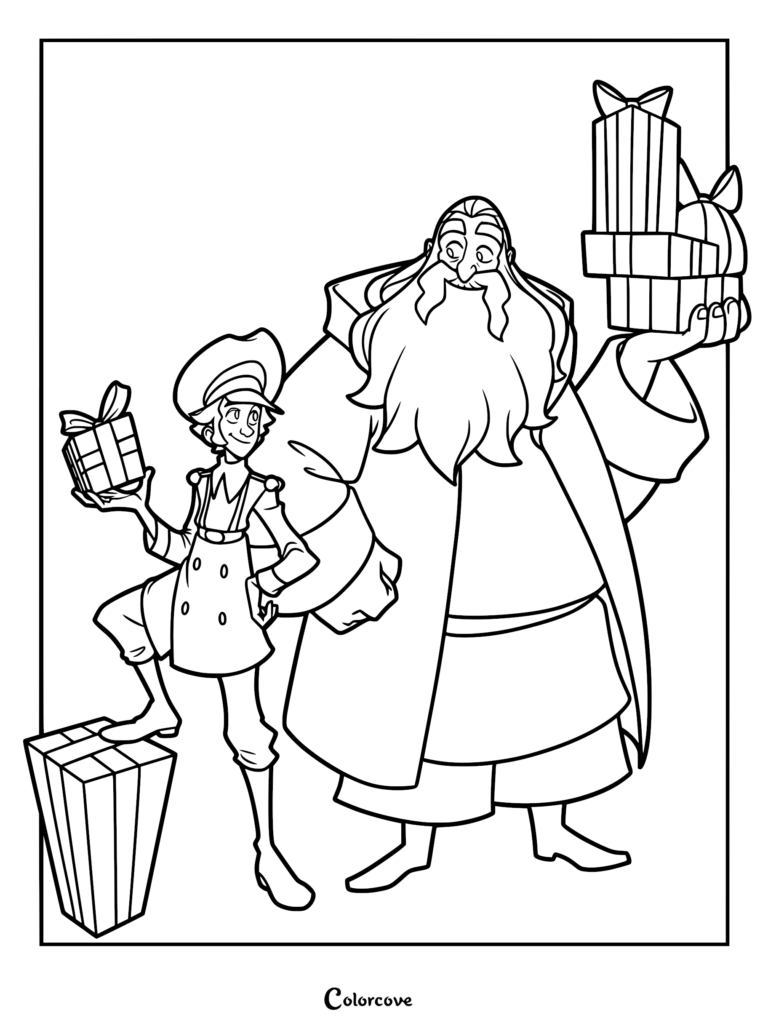 Jesper in his postal uniform and the bearded woodsman Klaus holding stacks of wrapped Christmas gifts in this clean line art coloring page.