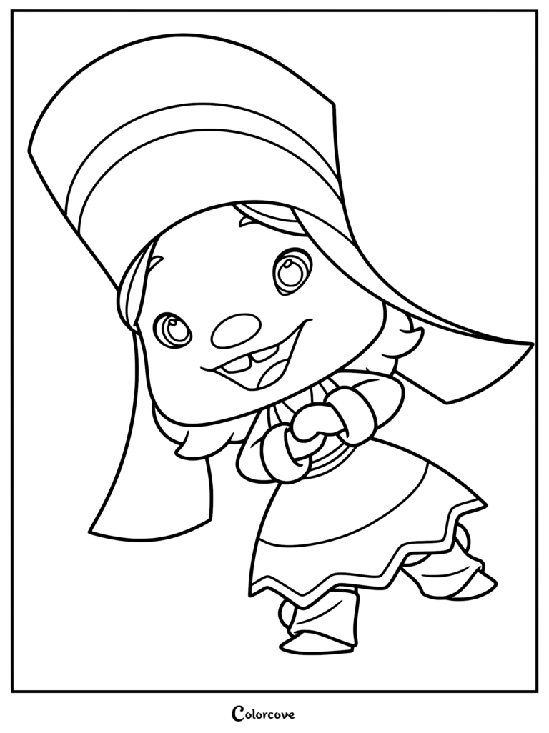 A printable coloring page of Márgu from the movie Klaus, featuring the young girl wearing her traditional Sámi four-winds hat and outfit.
