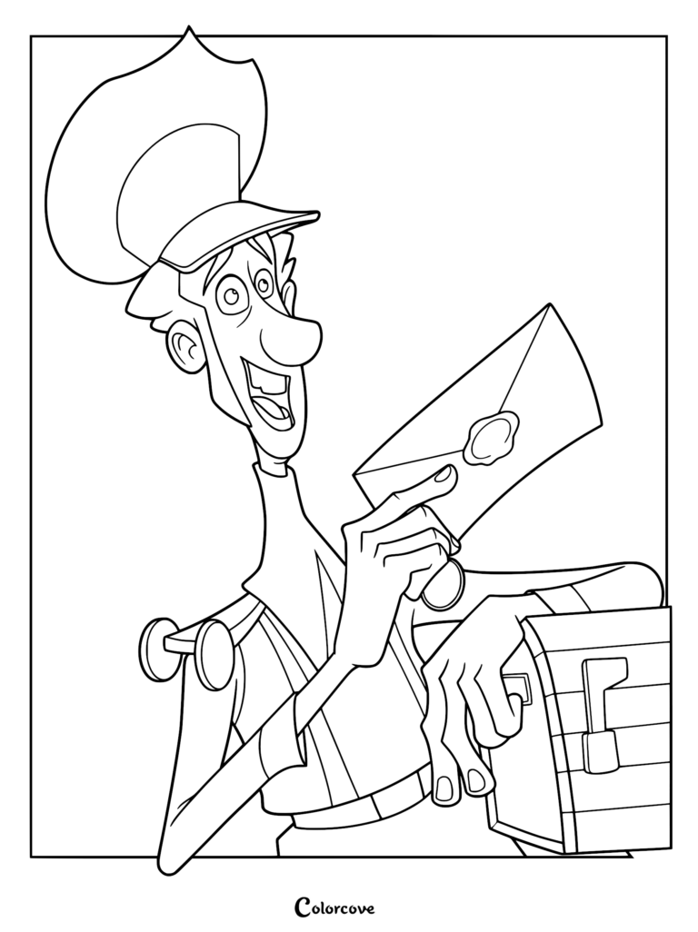 A detailed coloring page of Jesper Johansen from the movie Klaus wearing his postal uniform, holding a sealed letter, and leaning against a wooden mailbox.