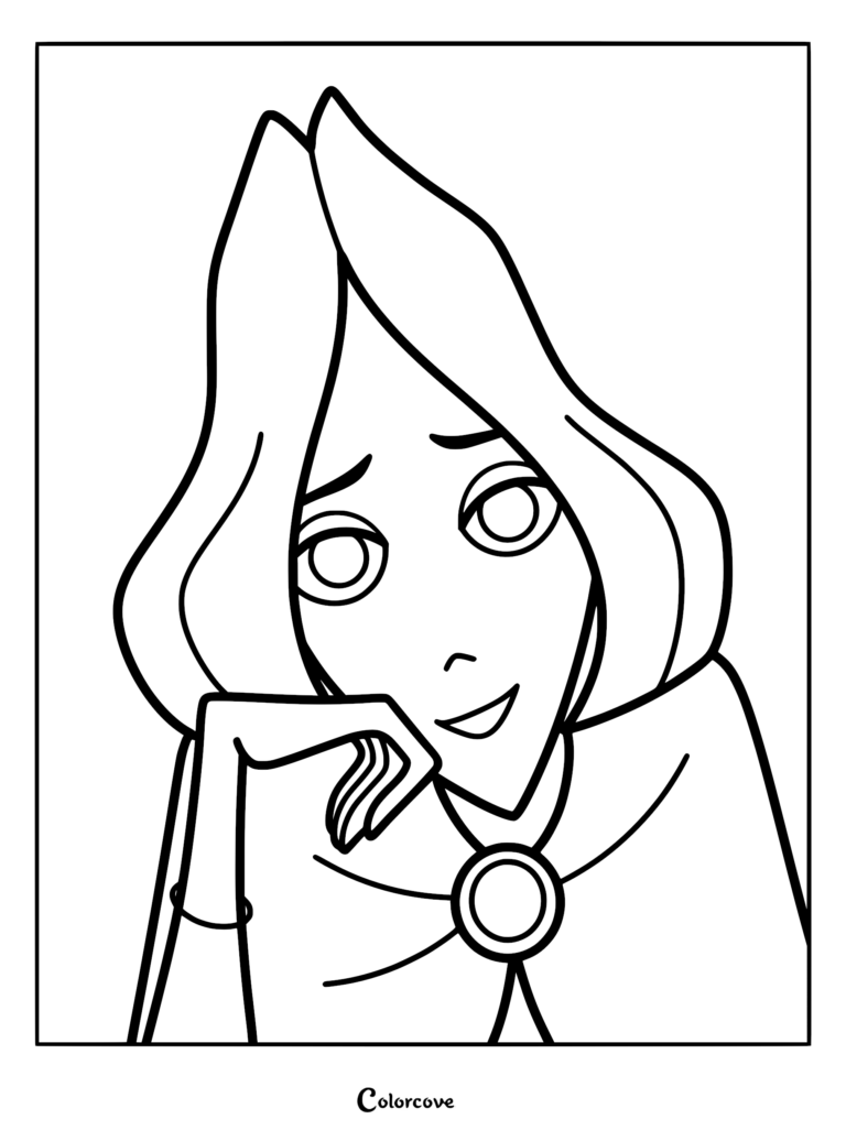 A printable coloring page of Alva from the movie Klaus, featuring a close-up line art portrait of the cynical schoolteacher resting her chin on her hand with her signature bob haircut.