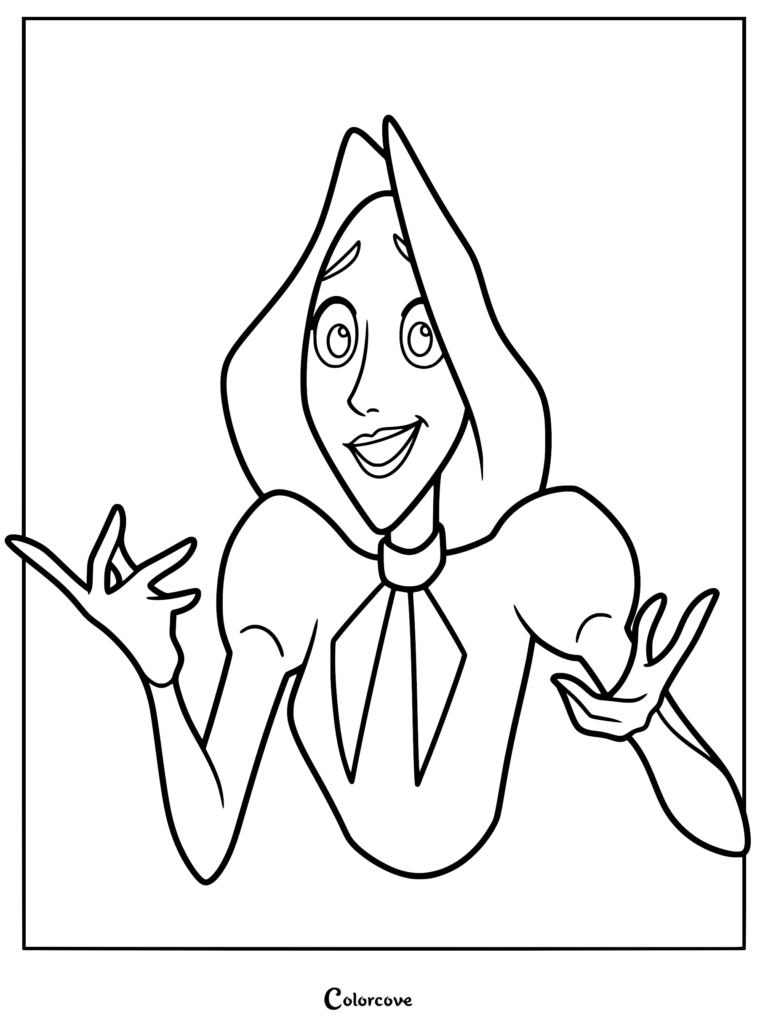 Black and white line art coloring page of Alva from the Klaus movie, featuring her expressive face, hood, and hands gesturing outward in a shrug.