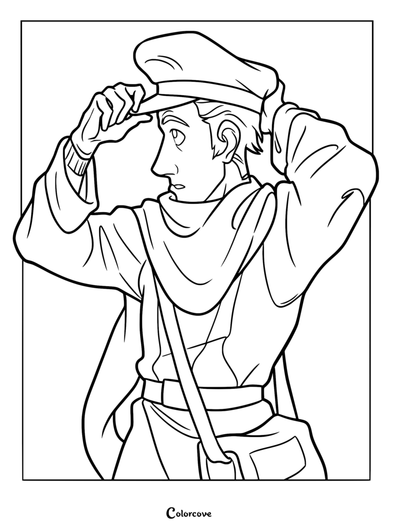 A detailed coloring page of Jesper Johansen from Klaus wearing his postal uniform and hat, adjusting his cap with both hands.