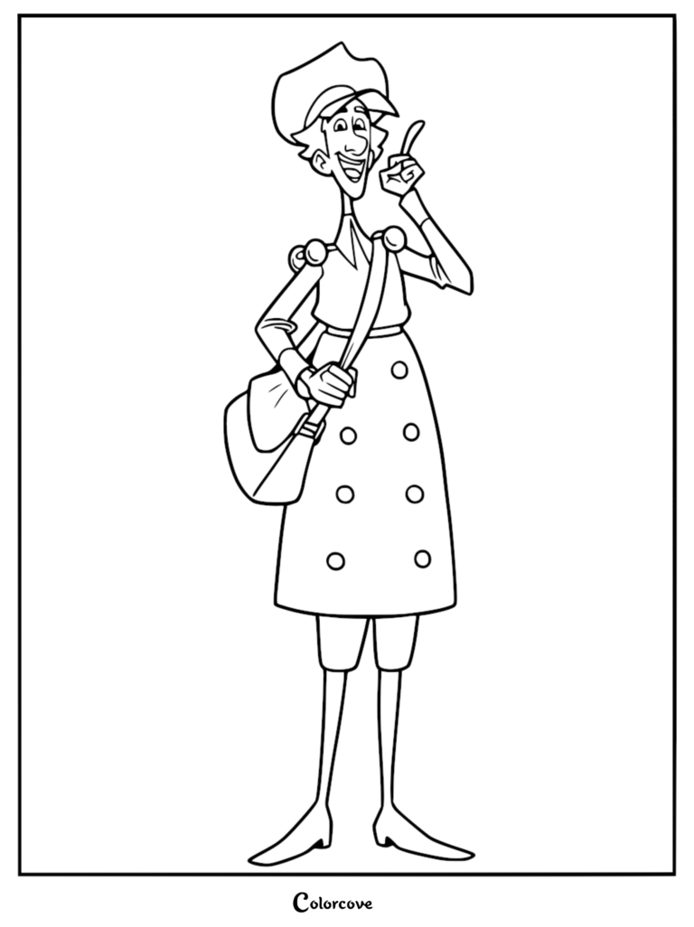 A printable black and white coloring page of Jesper Johansen from the movie Klaus, depicted as a thin, smiling postman in his uniform, hat, and messenger bag with one finger pointed upward.