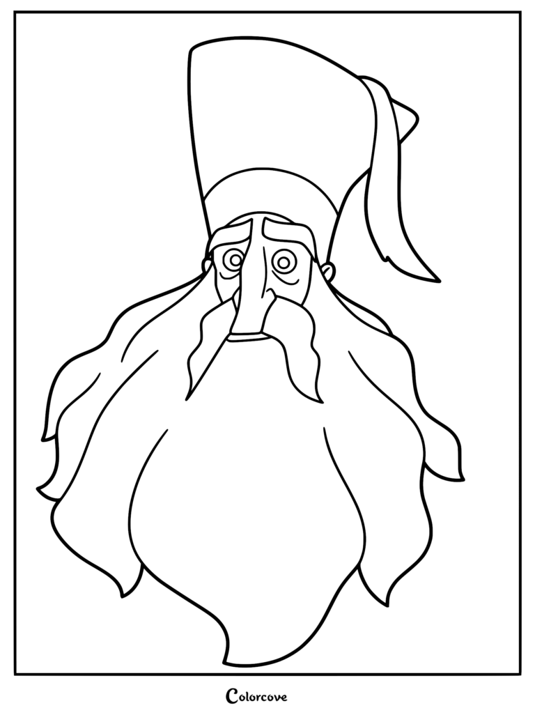 A printable coloring page featuring a close-up line art portrait of Klaus from the movie, showing his long beard, iconic hat, and thick mustache.