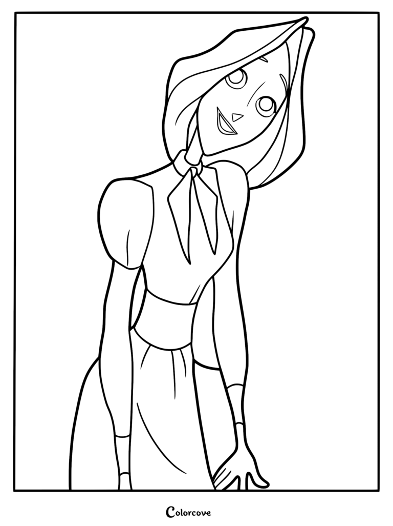A printable coloring page featuring a line art illustration of Alva from the movie Klaus, depicted with her signature head covering, modest dress, and a curious, tilted gaze.