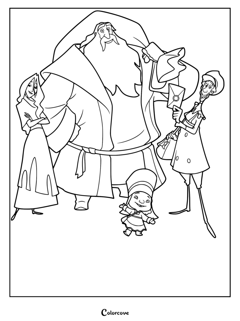 A printable coloring page featuring Klaus, Jesper Johansen, Alva, and Márgu standing together in a group portrait line art style.