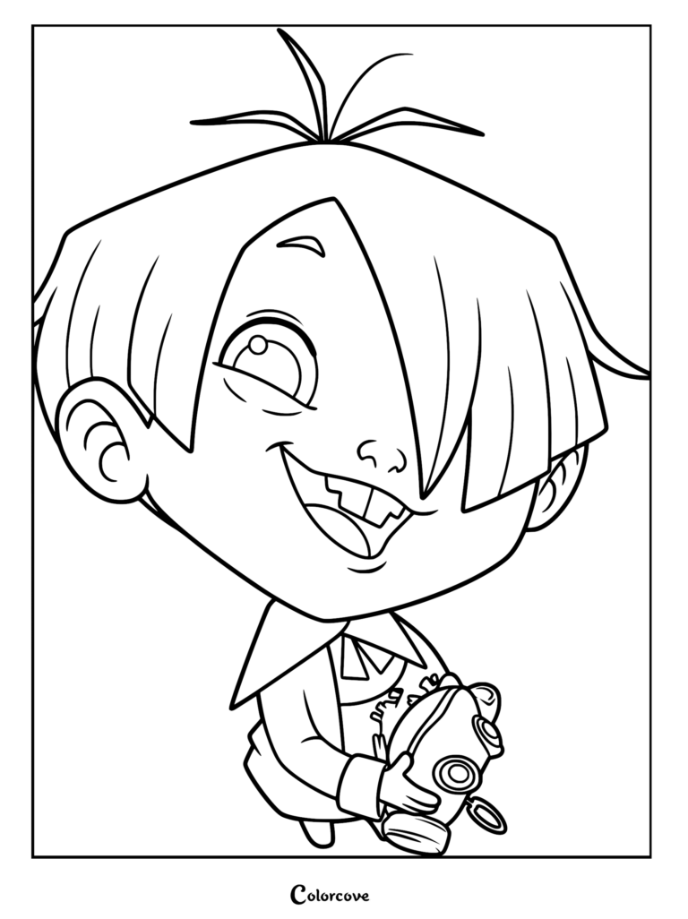 A printable coloring page featuring a close-up, black and white line art illustration of Jesper Johansen from the movie Klaus, smiling with a playful, mischievous expression while holding a small, round toy.