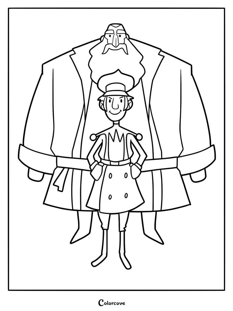 A printable coloring page featuring the imposing woodsman Klaus standing behind the slender, uniformed postman Jesper Johansen.