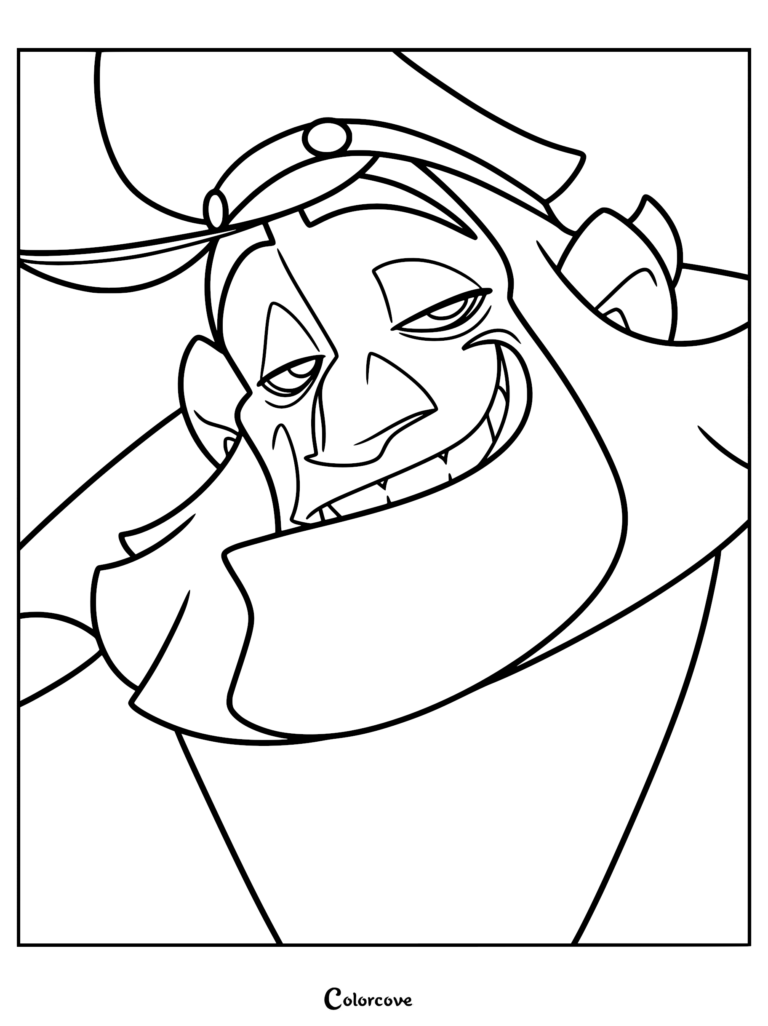 Close-up line art coloring page of Jesper Johansen from Klaus, featuring his signature postal cap and a smug, mischievous grin.