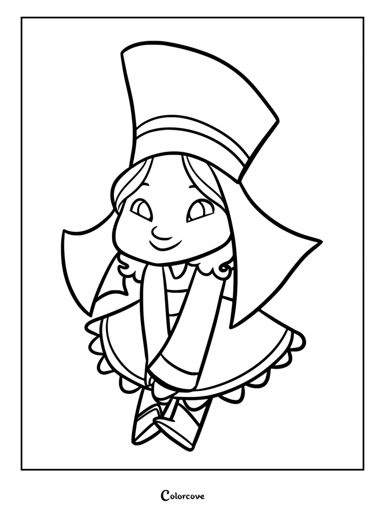 A printable coloring page of the character Márgu from the movie Klaus, featuring the young Sámi girl wearing her traditional tall hat and outfit.
