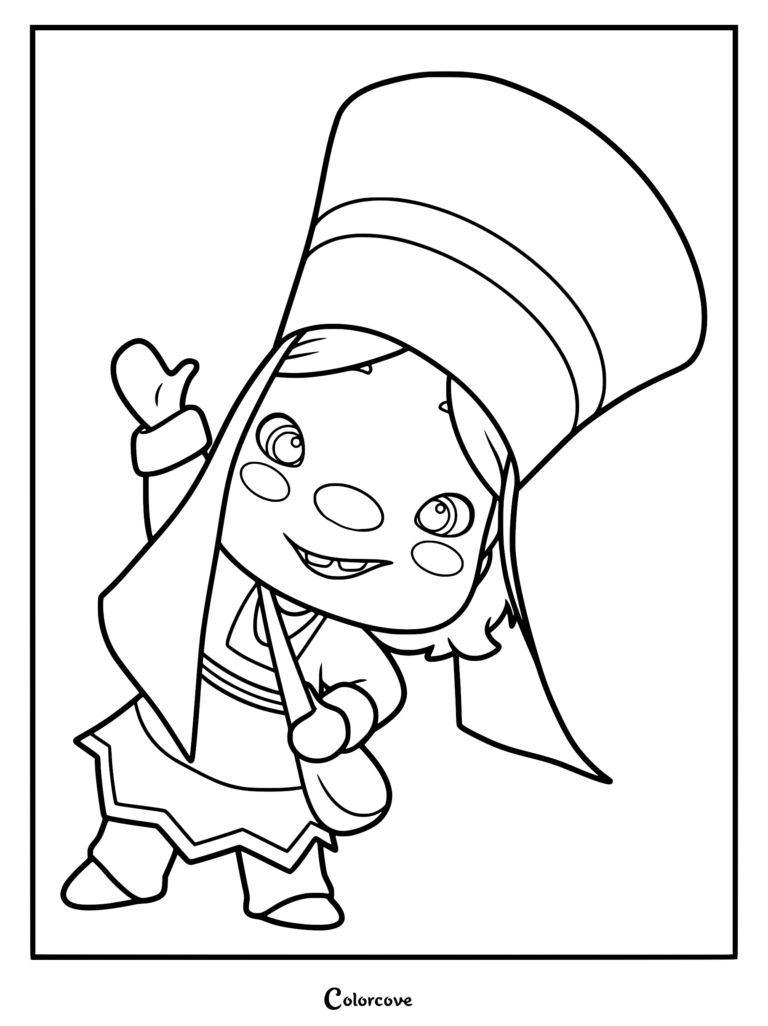 A friendly black and white coloring page illustration of Márgu from the movie Klaus, wearing her traditional tall hat and winter clothing while waving.