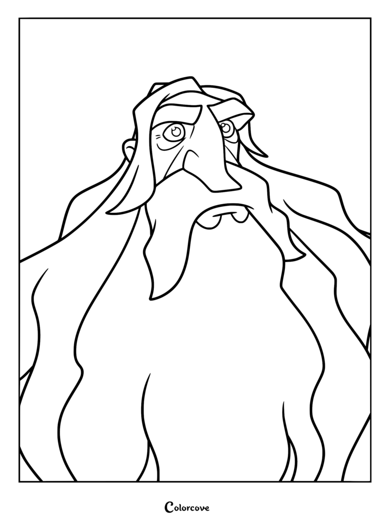 A detailed Klaus coloring page featuring a close-up portrait of the bearded woodsman with thick eyebrows and long flowing hair.
