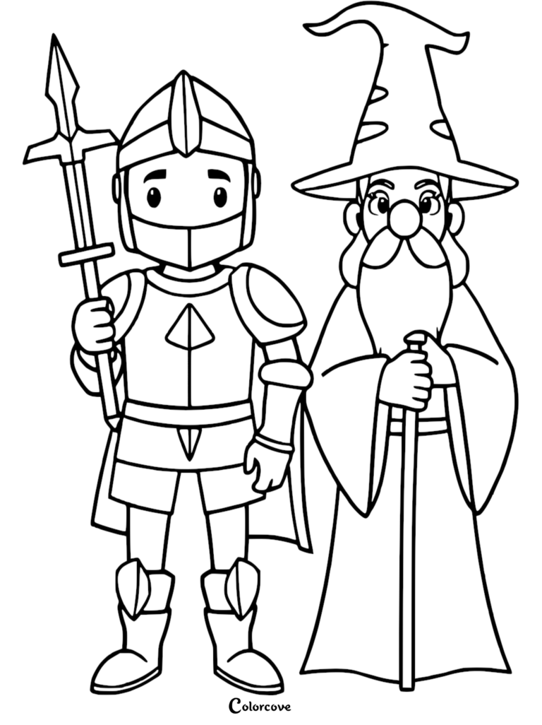 Un Caballero con armadura sosteniendo una lanza junto a un Mago con un bastón en esta página para colorear gratuita.