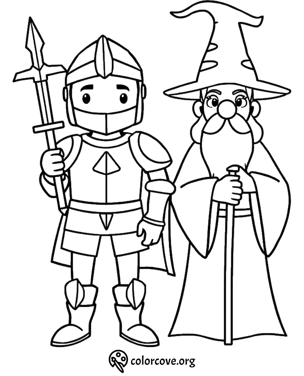 Knight and wizard coloring page for kids - Printable fantasy characters illustration for coloring fun.