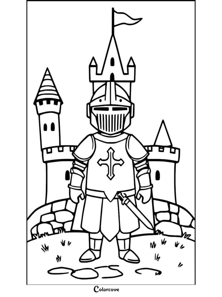 Un caballero con armadura completa de pie frente a un castillo medieval en esta página para colorear imprimible gratuita.