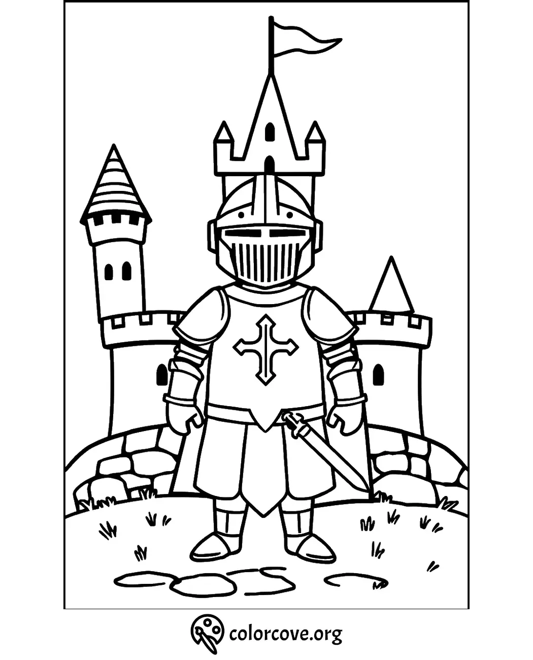 Knight coloring page with castle background, suitable for kids' creative activities.