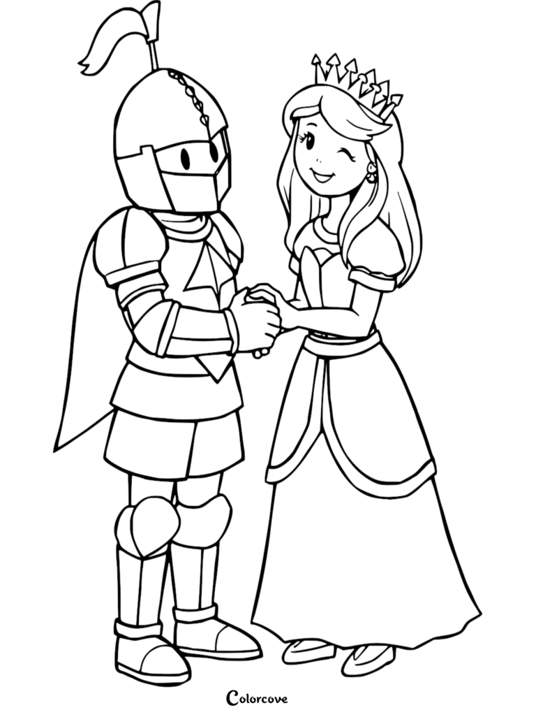 Un caballero con armadura completa tomado de la mano de una Princesa sonriente usando una corona en esta página para colorear imprimible.