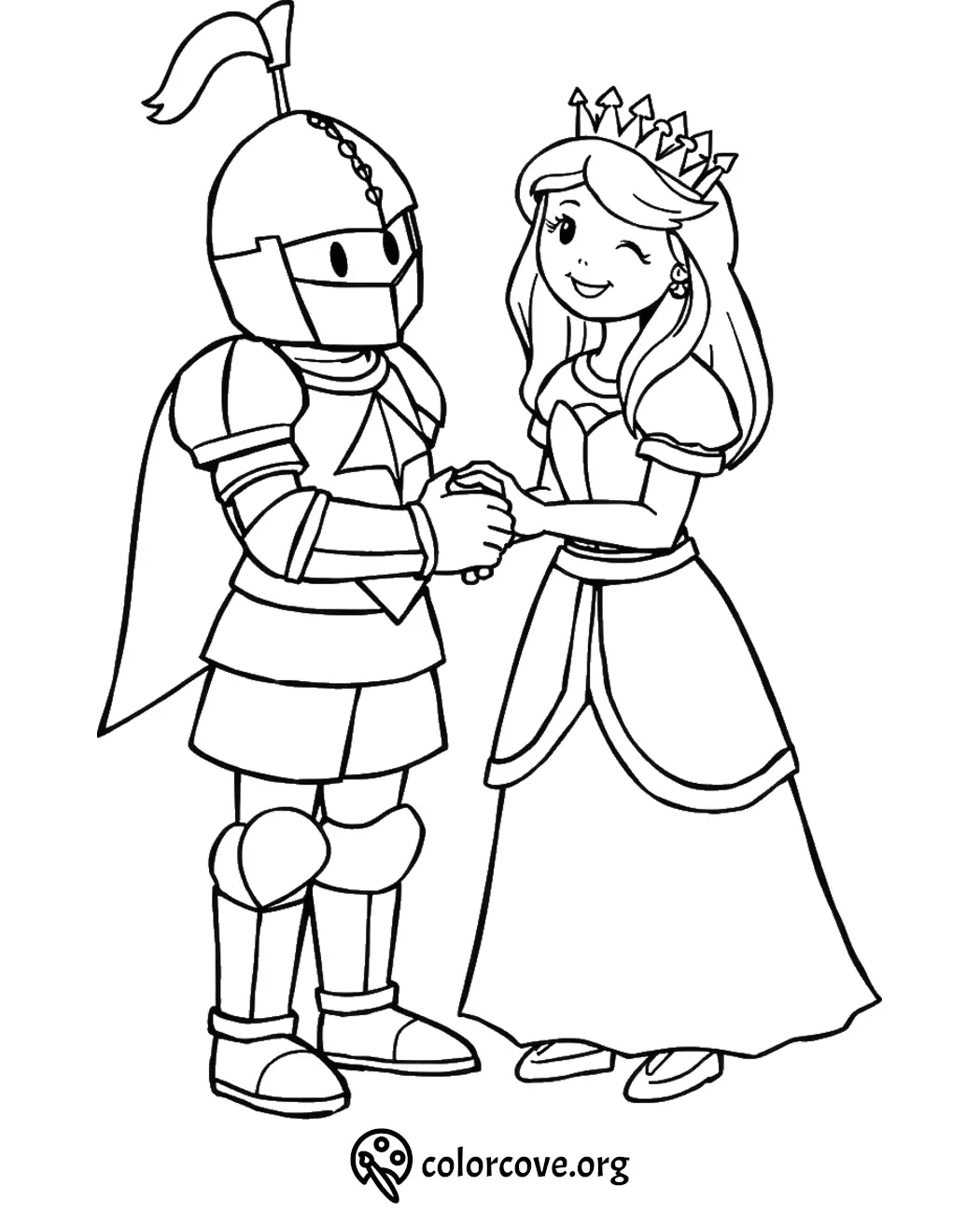 Knight and princess holding hands coloring page, perfect for kids' medieval-themed art activities.