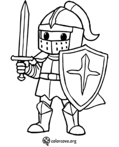 Cute cartoon knight coloring page with sword and shield, perfect for kids' coloring activities.