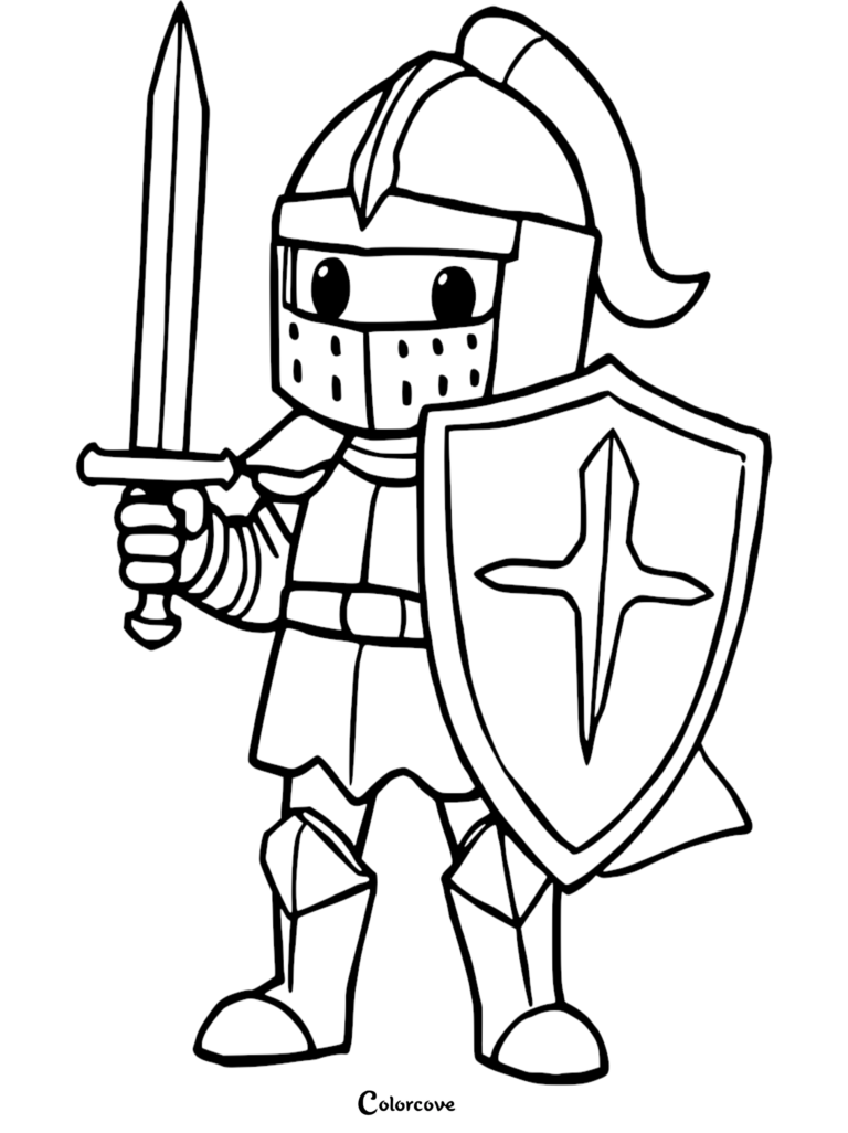Un lindo caballero de dibujos animados sosteniendo una espada y un escudo en esta página para colorear gratuita.