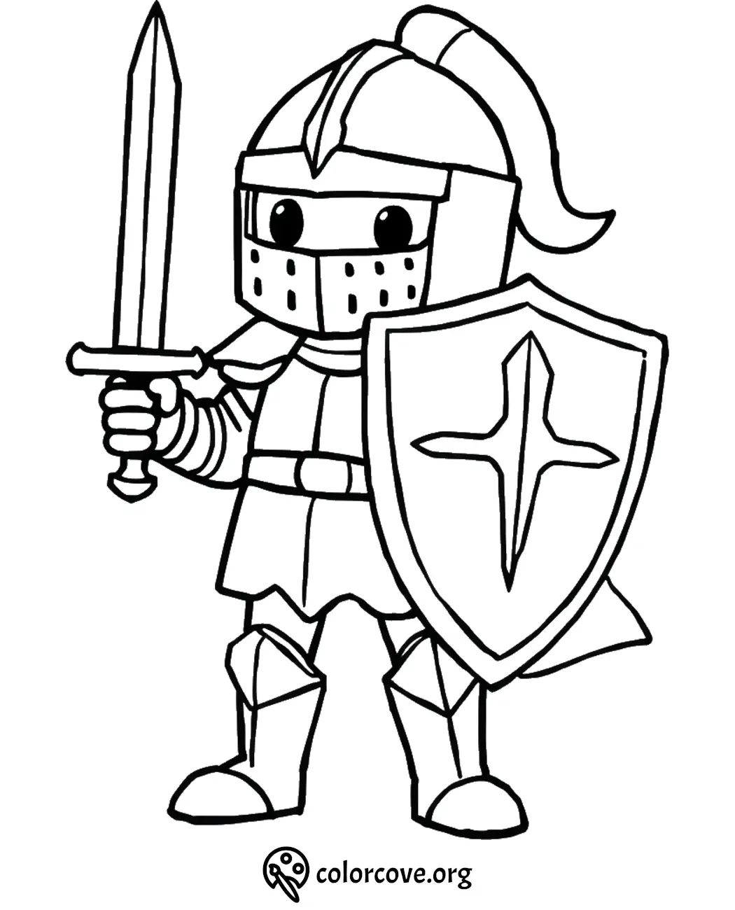 Cute cartoon knight coloring page with sword and shield, perfect for kids' coloring activities.