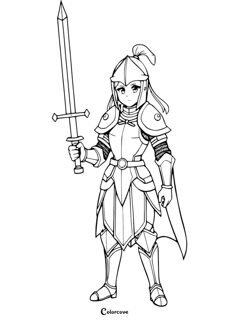 Mujer caballero estilo anime con armadura de placas completa sosteniendo una espada larga, página para colorear.