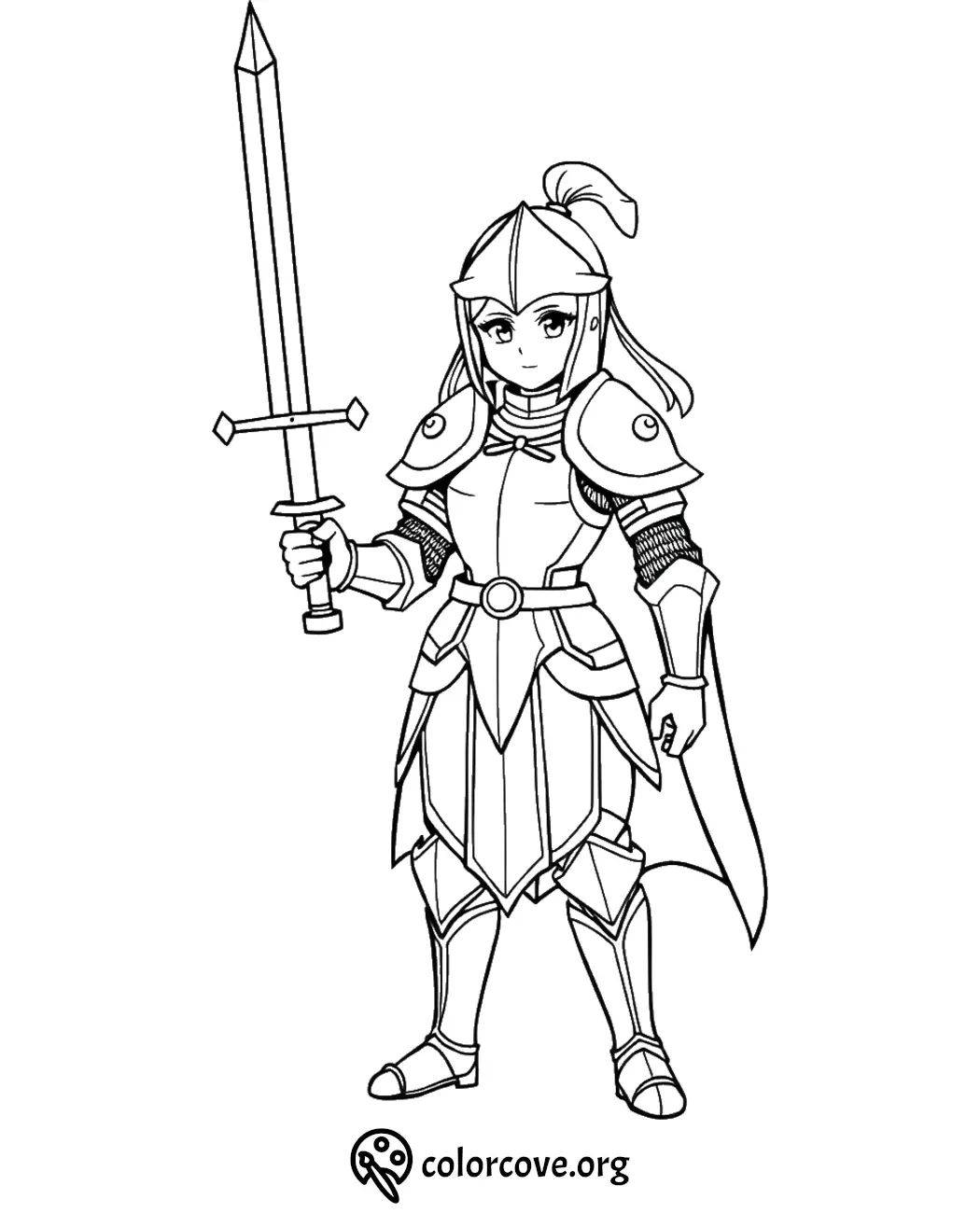 Anime knight coloring page featuring a female warrior in armor holding a sword.