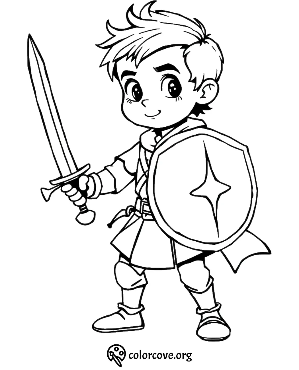 Child knight coloring page featuring a cute warrior with sword and shield. Perfect for kids' creative fun.