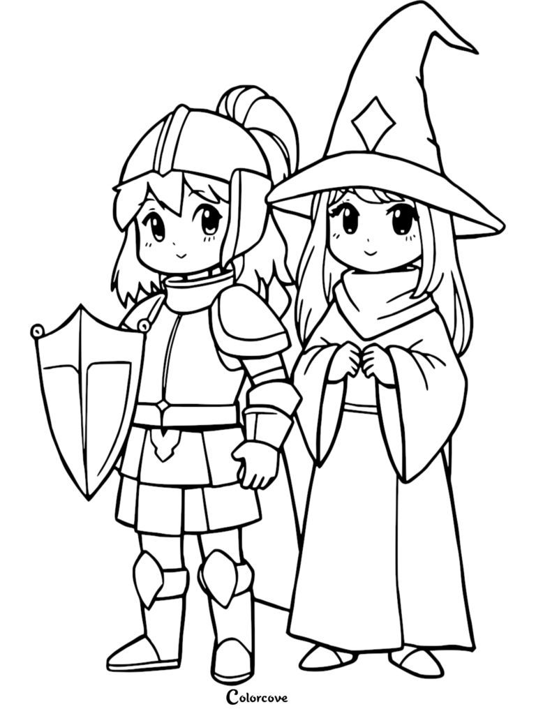 Un lindo caballero Chibi con armadura sosteniendo un escudo, de pie junto a un Mago con sombrero puntiagudo en una página para colorear imprimible.