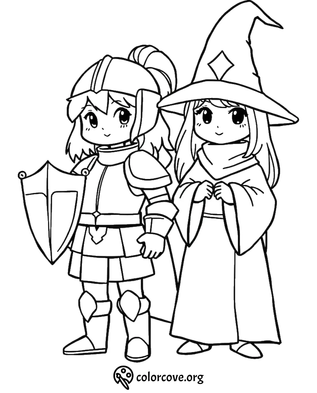 Cute knight and wizard coloring page for kids, featuring fantasy costumes. Perfect for imaginative play and creativity.