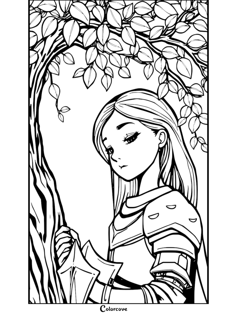 Una joven caballero con cabello largo de pie bajo un árbol frondoso, presentada en una página para colorear de arte lineal detallado.