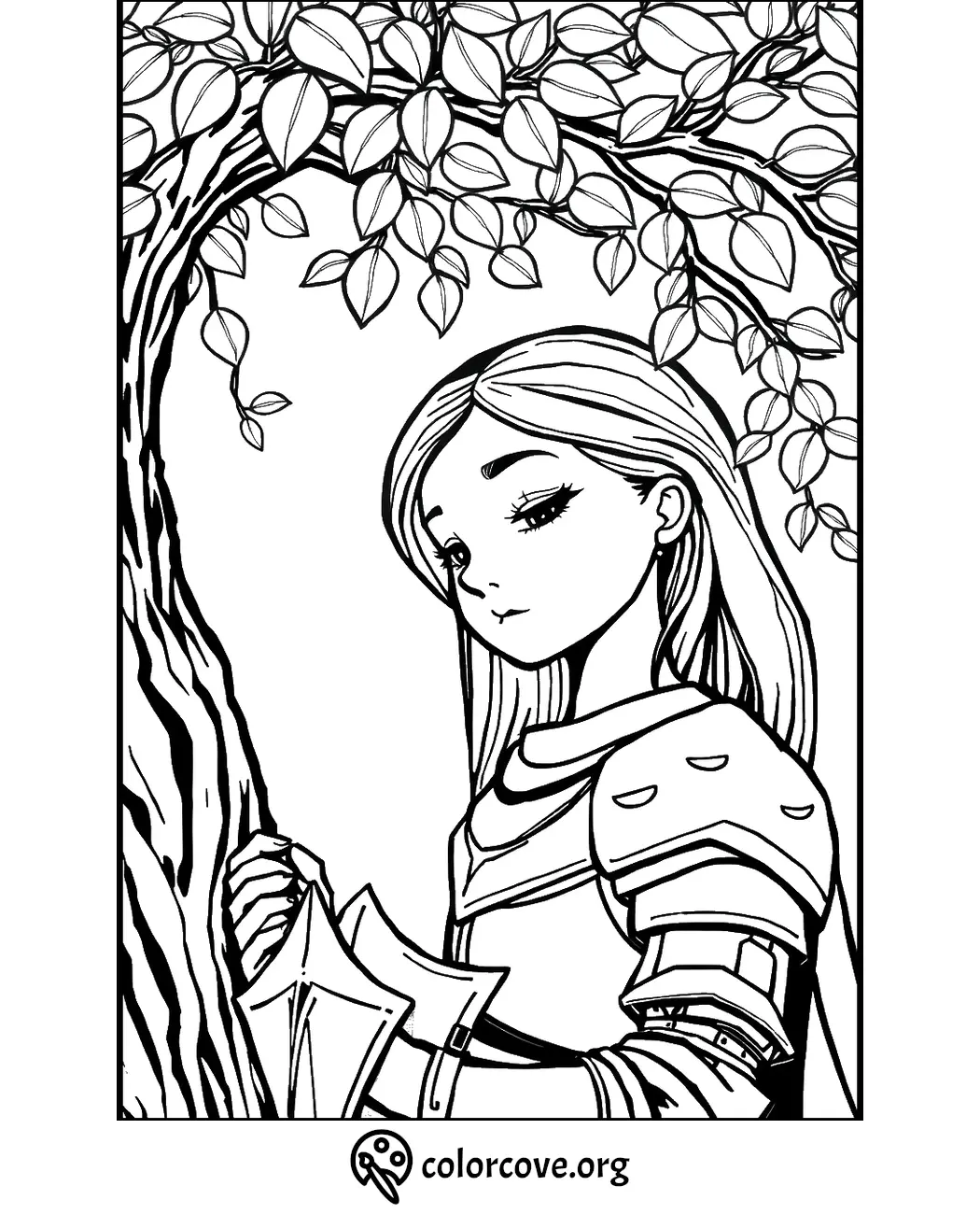 Medieval knight woman under tree, detailed coloring page.