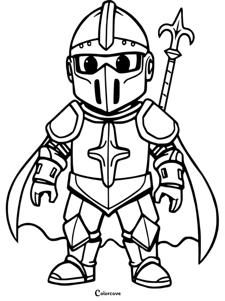 Un lindo Caballero Chibi con Armadura de placas, capa y Lanza en esta página para colorear.