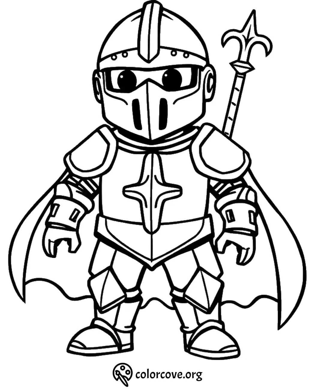 Cute knight coloring page for kids with armor, helmet, and cape, perfect for creative and educational fun.