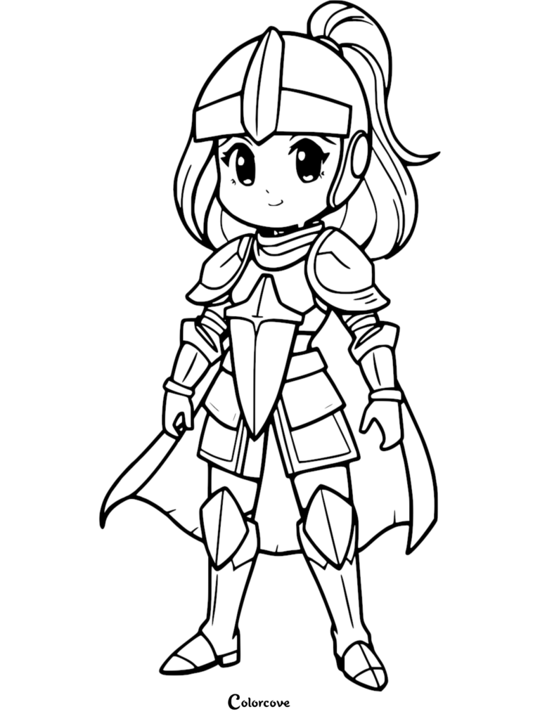 Un lindo Caballero Chibi con Armadura de placas y una coleta en esta página para colorear gratuita.