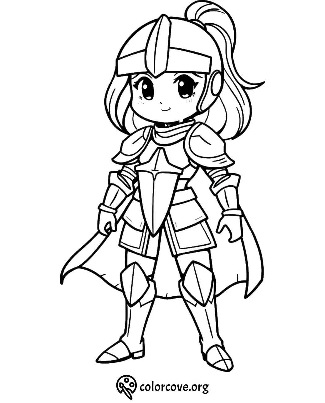 Chibi knight in armor coloring page for kids, featuring a cute character with a sword and helmet.