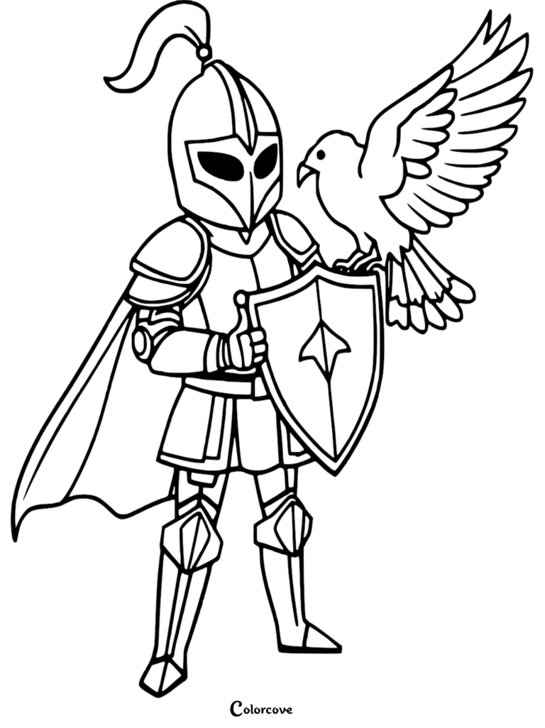 Un caballero con armadura completa y casco con plumas, sosteniendo un escudo con un halcón posado en él, en esta página para colorear gratuita.
