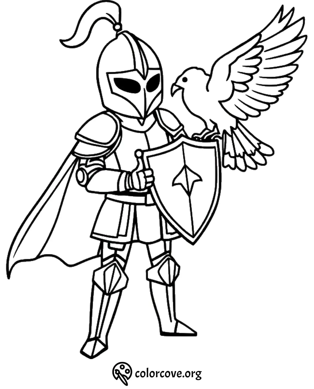 Knight in armor holding a shield with a bird perched on it, coloring page illustration.